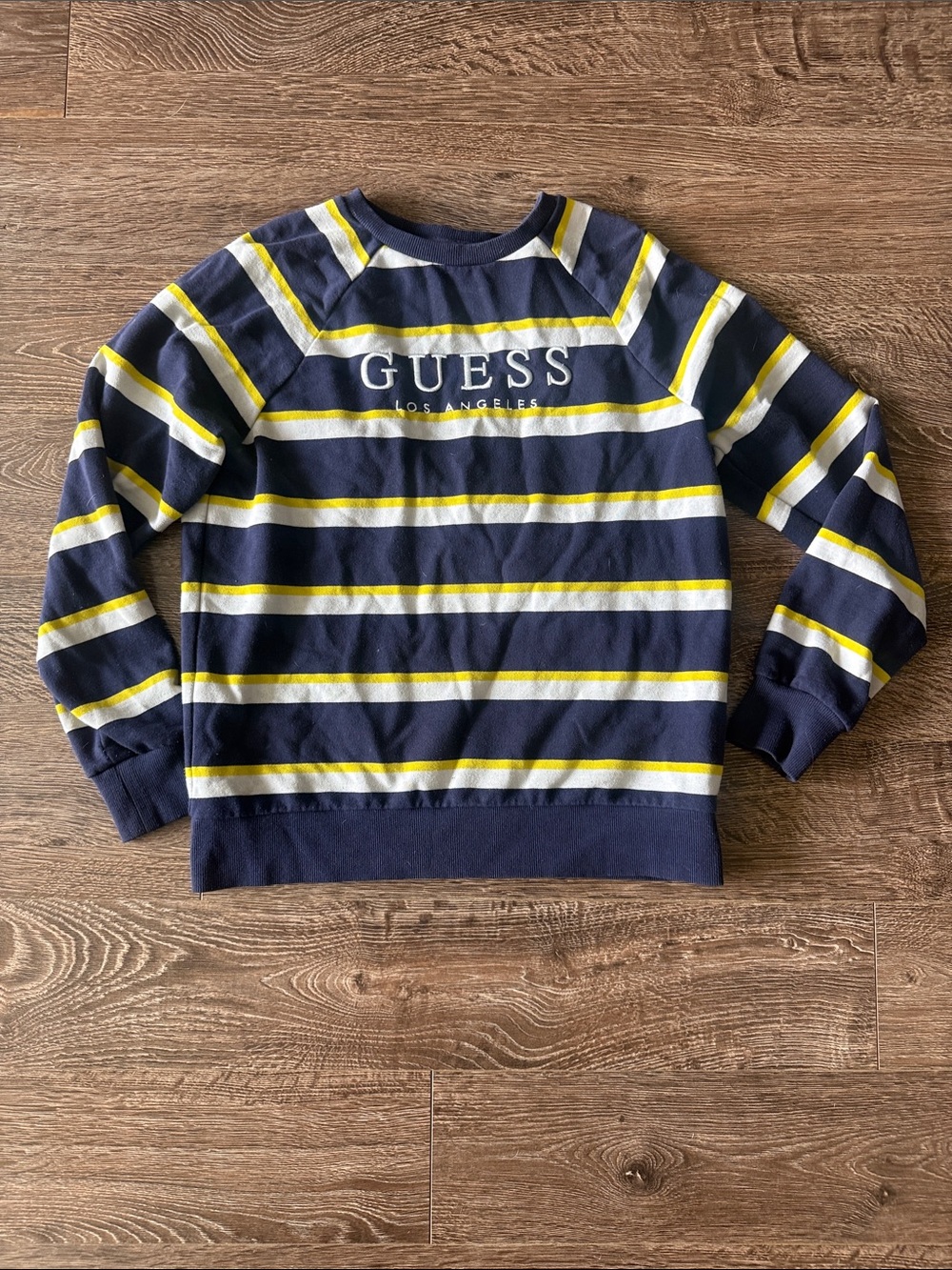 GUESS Originals Navy Stripe Crewneck Sweatshirt - Navy, White & Yellow